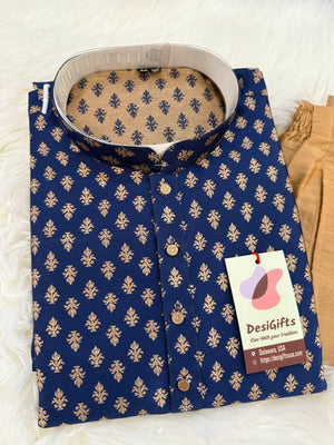 Navy Shade with Golden Buty 2 Piece Blended Silk Kurta Pajama Set, Up to Size 56, Man -1419