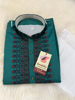 Ethnic Kurta Pajama Set with classic embroidery on Neck and Placket, Festival Kurta Pant style Pajama set for Man, KP - 1740