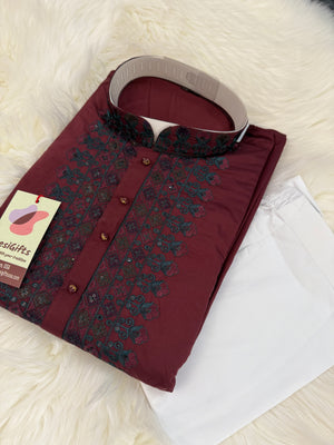 Ethnic Kurta Pajama Set with classic embroidery on Neck and Placket, Festival Kurta Pant style Pajama set for Man, KP - 1741