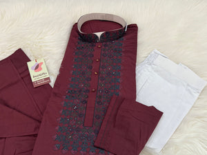 Ethnic Kurta Pajama Set with classic embroidery on Neck and Placket, Festival Kurta Pant style Pajama set for Man, KP - 1741