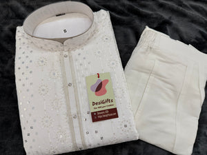 Graceful White Embroidered Soft Silk Kurta Pajama Set for for Man, Festive Wedding Kurta Trouser Style Pant, KP - 1747