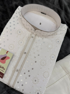 Graceful White Embroidered Soft Silk Kurta Pajama Set for for Man, Festive Wedding Kurta Trouser Style Pant, KP - 1747