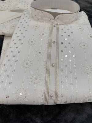 Graceful White Embroidered Soft Silk Kurta Pajama Set for for Man, Festive Wedding Kurta Trouser Style Pant, KP - 1747