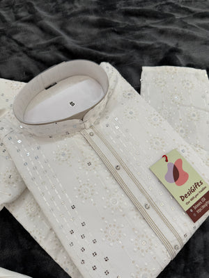 Graceful White Embroidered Soft Silk Kurta Pajama Set for for Man, Festive Wedding Kurta Trouser Style Pant, KP - 1747