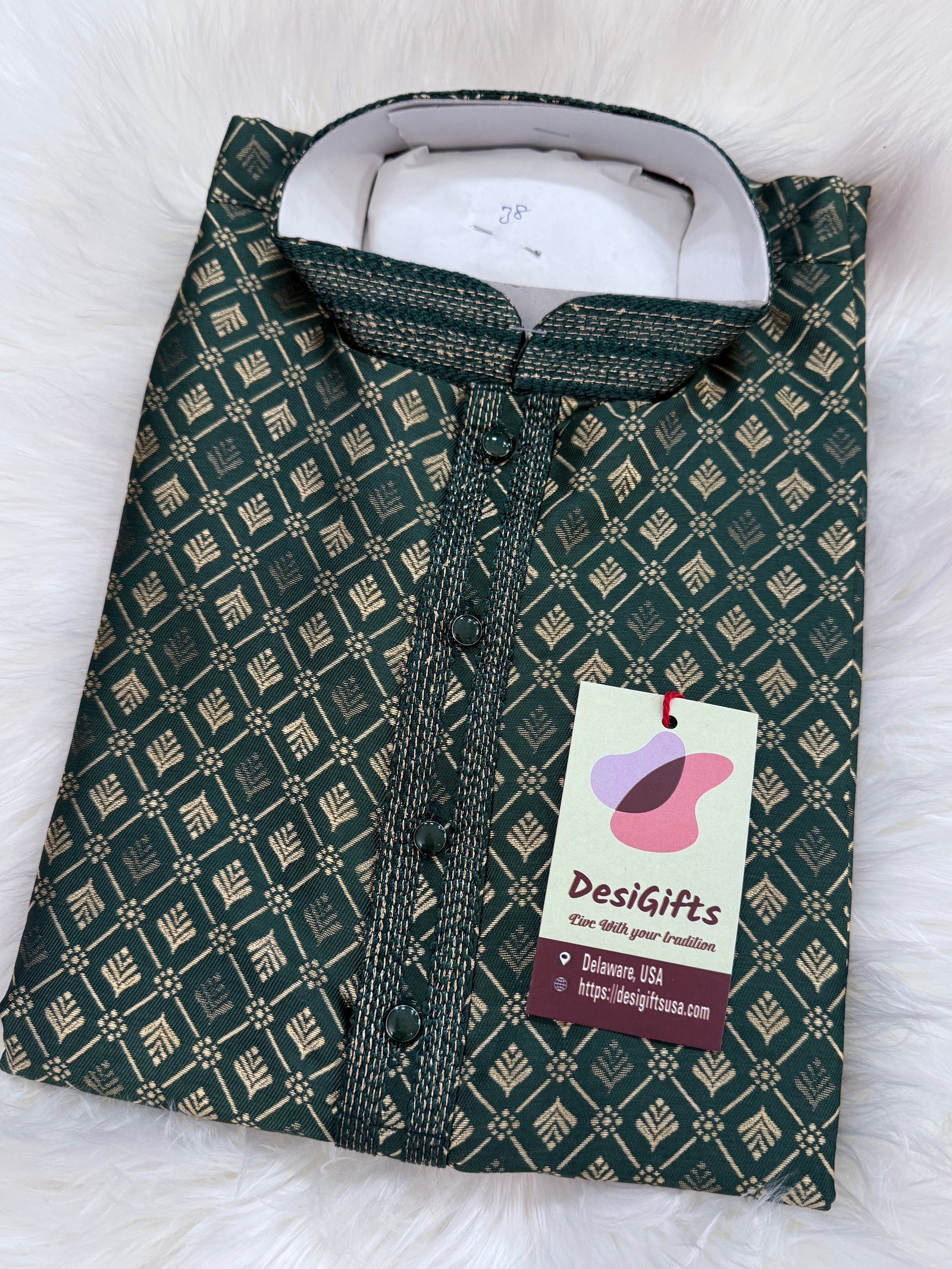 Pine Green Shade with Golden Buty 2 Piece Jacquard Silk Kurta Pajama Set, Trouser Style, Man -1962