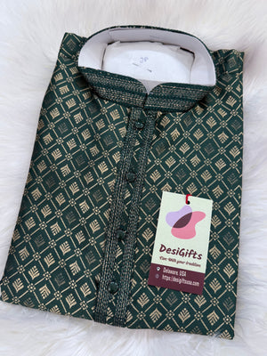 Pine Green Shade with Golden Buty 2 Piece Jacquard Silk Kurta Pajama Set, Trouser Style, Man -1962
