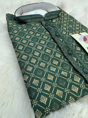 Pine Green Shade with Golden Buty 2 Piece Jacquard Silk Kurta Pajama Set, Trouser Style, Man -1962
