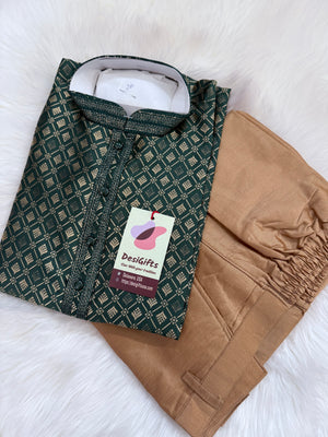 Pine Green Shade with Golden Buty 2 Piece Jacquard Silk Kurta Pajama Set, Trouser Style, Man -1962