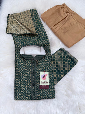 Pine Green Shade with Golden Buty 2 Piece Jacquard Silk Kurta Pajama Set, Trouser Style, Man -1962