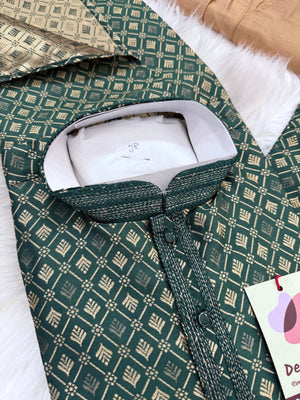 Pine Green Shade with Golden Buty 2 Piece Jacquard Silk Kurta Pajama Set, Trouser Style, Man -1962