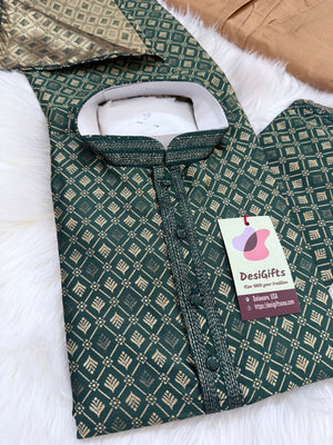 Pine Green Shade with Golden Buty 2 Piece Jacquard Silk Kurta Pajama Set, Trouser Style, Man -1962