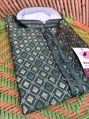Pine Green Shade with Golden Buty 2 Piece Jacquard Silk Kurta Pajama Set, Trouser Style, Man -1962