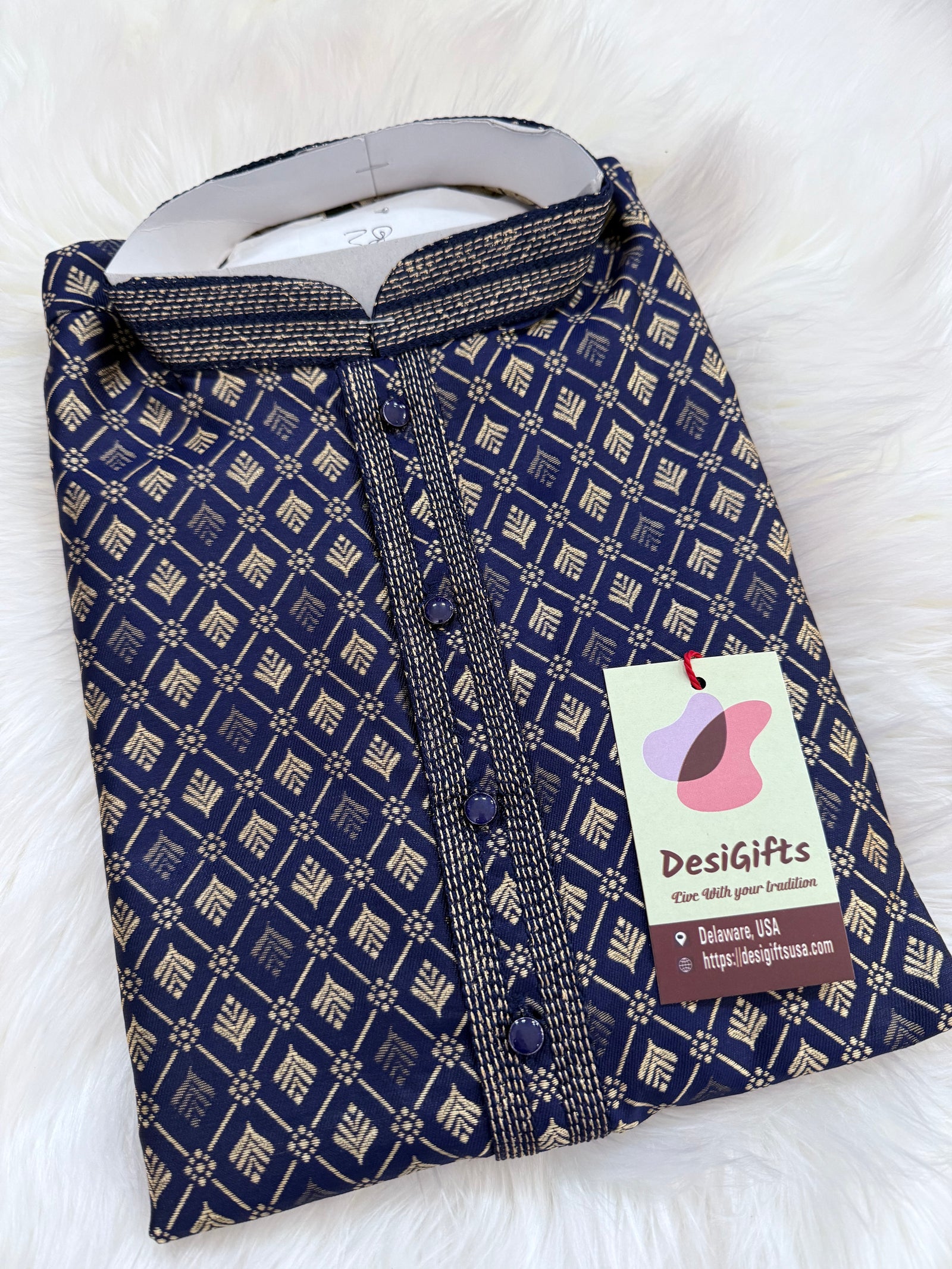 Dark Royal Blue Shade with Golden Buty 2 Piece Jacquard Silk Kurta Pajama Set, Trouser Style, Man -1964