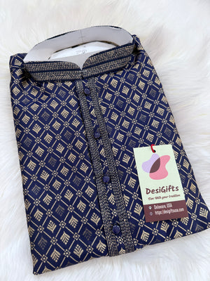 Dark Royal Blue Shade with Golden Buty 2 Piece Jacquard Silk Kurta Pajama Set, Trouser Style, Man -1964