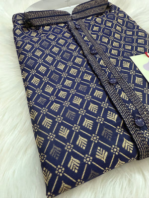 Dark Royal Blue Shade with Golden Buty 2 Piece Jacquard Silk Kurta Pajama Set, Trouser Style, Man -1964