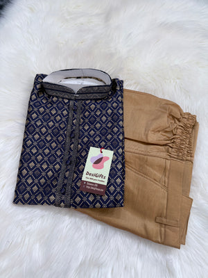 Dark Royal Blue Shade with Golden Buty 2 Piece Jacquard Silk Kurta Pajama Set, Trouser Style, Man -1964