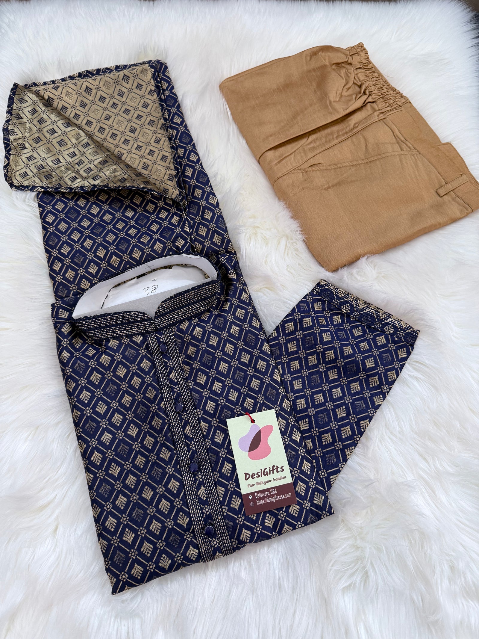 Dark Royal Blue Shade with Golden Buty 2 Piece Jacquard Silk Kurta Pajama Set, Trouser Style, Man -1964