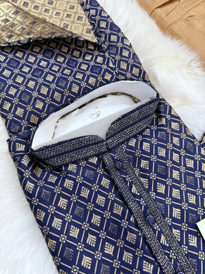 Dark Royal Blue Shade with Golden Buty 2 Piece Jacquard Silk Kurta Pajama Set, Trouser Style, Man -1964