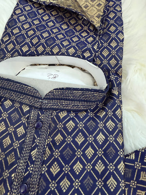 Dark Royal Blue Shade with Golden Buty 2 Piece Jacquard Silk Kurta Pajama Set, Trouser Style, Man -1964