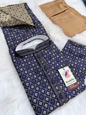 Dark Royal Blue Shade with Golden Buty 2 Piece Jacquard Silk Kurta Pajama Set, Trouser Style, Man -1964