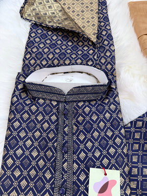 Dark Royal Blue Shade with Golden Buty 2 Piece Jacquard Silk Kurta Pajama Set, Trouser Style, Man -1964