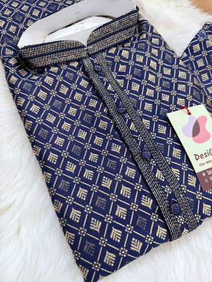 Dark Royal Blue Shade with Golden Buty 2 Piece Jacquard Silk Kurta Pajama Set, Trouser Style, Man -1964