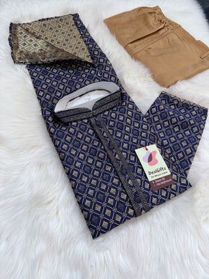 Dark Royal Blue Shade with Golden Buty 2 Piece Jacquard Silk Kurta Pajama Set, Trouser Style, Man -1964