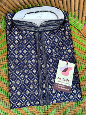 Dark Royal Blue Shade with Golden Buty 2 Piece Jacquard Silk Kurta Pajama Set, Trouser Style, Man -1964