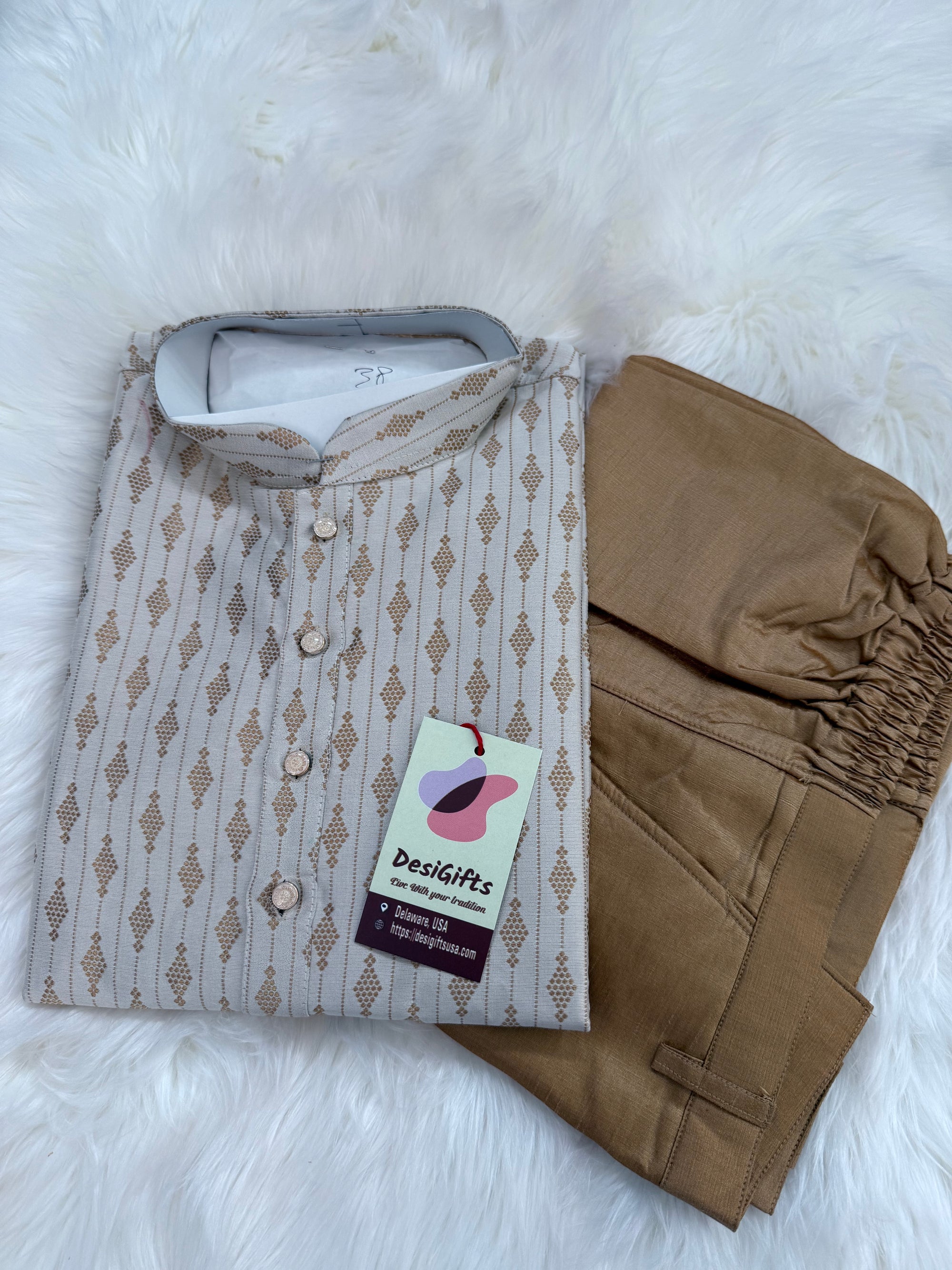 Light Beige with Golden Buty 2 Piece Jacquard Silk Kurta Pajama Set, Festive Kurta Pant Style Pajama, Man -1963