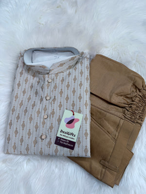 Light Beige with Golden Buty 2 Piece Jacquard Silk Kurta Pajama Set, Festive Kurta Pant Style Pajama, Man -1963