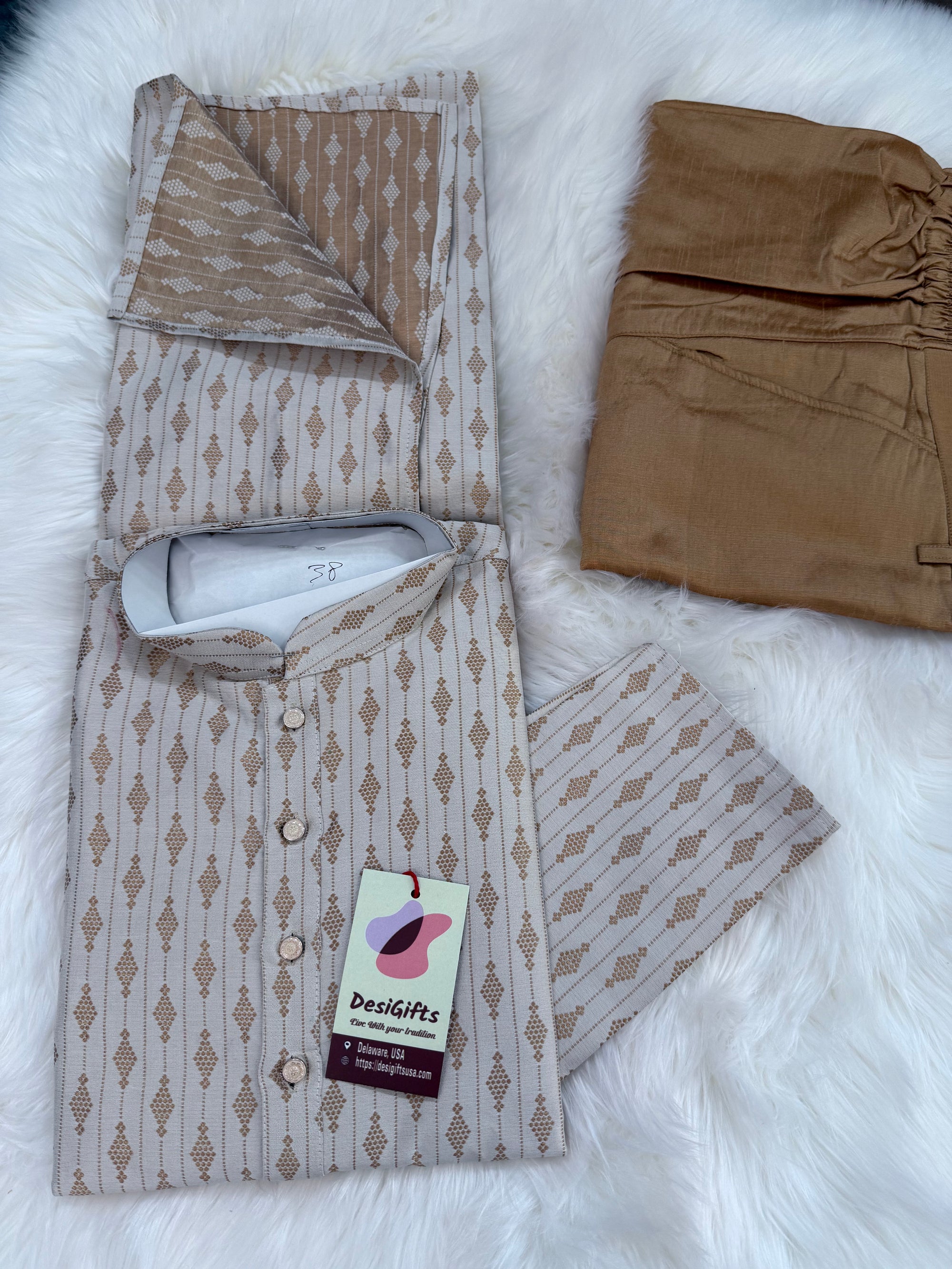 Light Beige with Golden Buty 2 Piece Jacquard Silk Kurta Pajama Set, Festive Kurta Pant Style Pajama, Man -1963