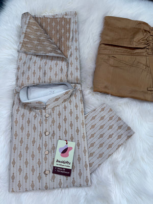 Light Beige with Golden Buty 2 Piece Jacquard Silk Kurta Pajama Set, Festive Kurta Pant Style Pajama, Man -1963
