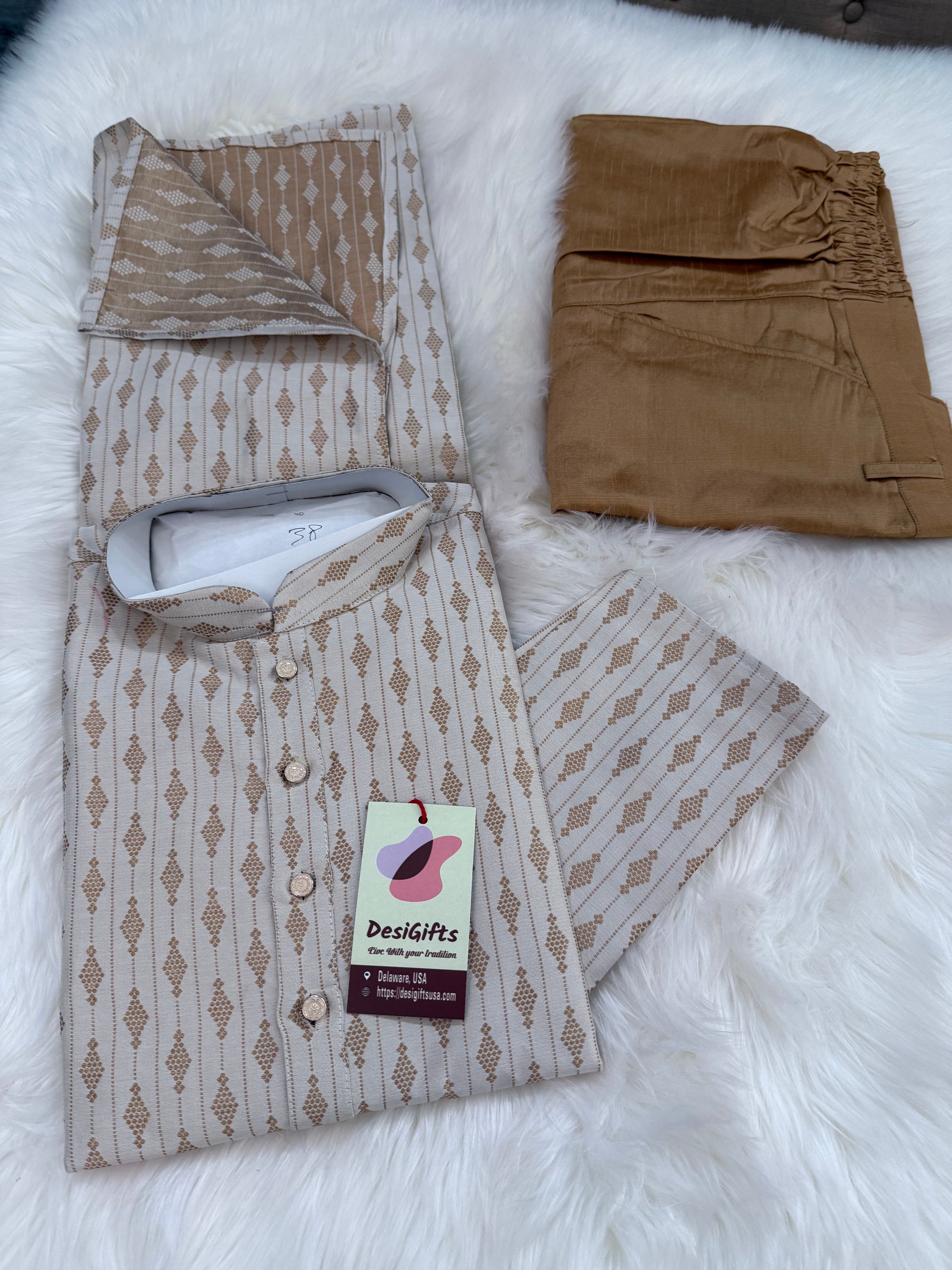 Light Beige with Golden Buty 2 Piece Jacquard Silk Kurta Pajama Set, Festive Kurta Pant Style Pajama, Man -1963