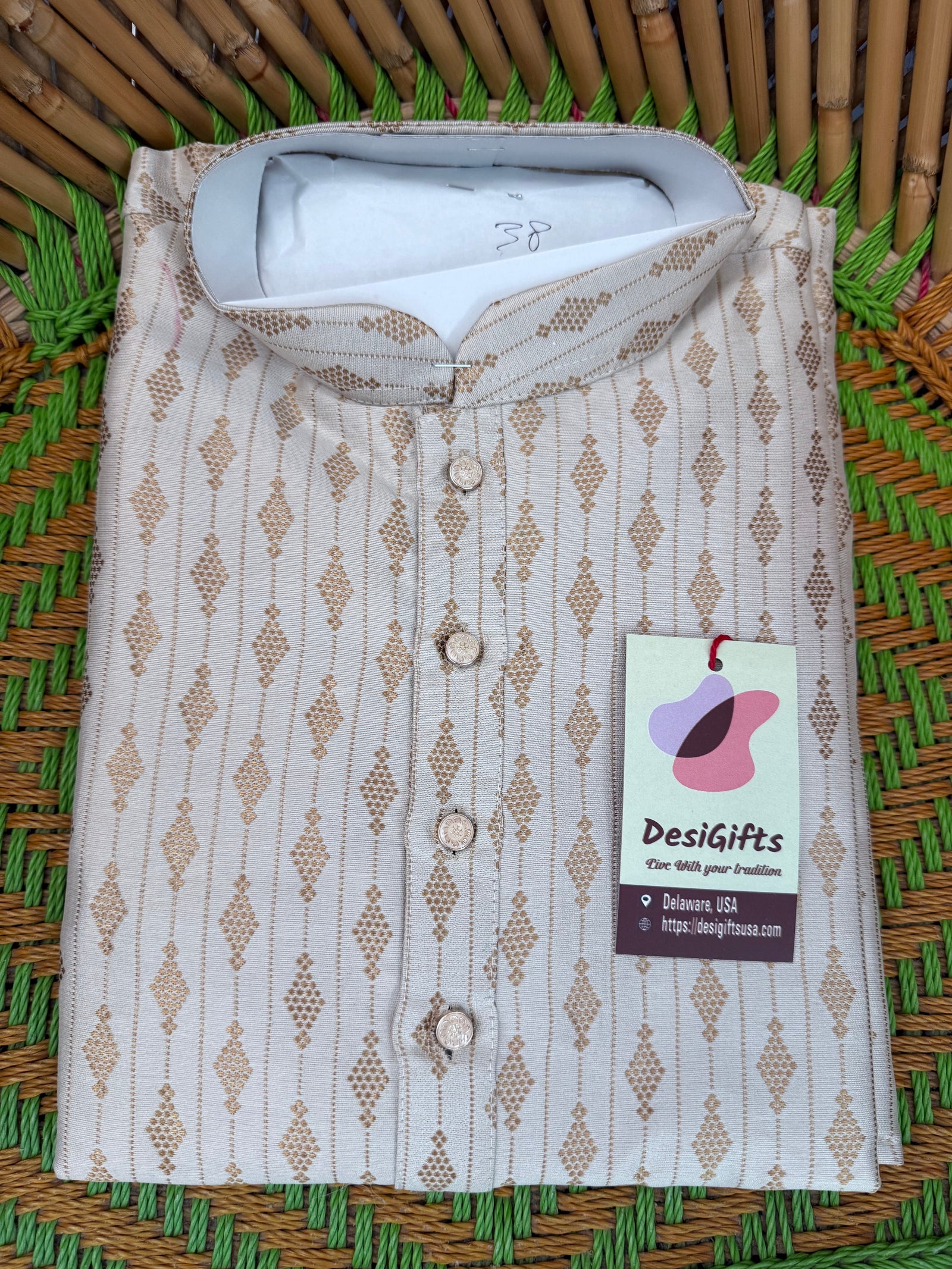 Light Beige with Golden Buty 2 Piece Jacquard Silk Kurta Pajama Set, Festive Kurta Pant Style Pajama, Man -1963