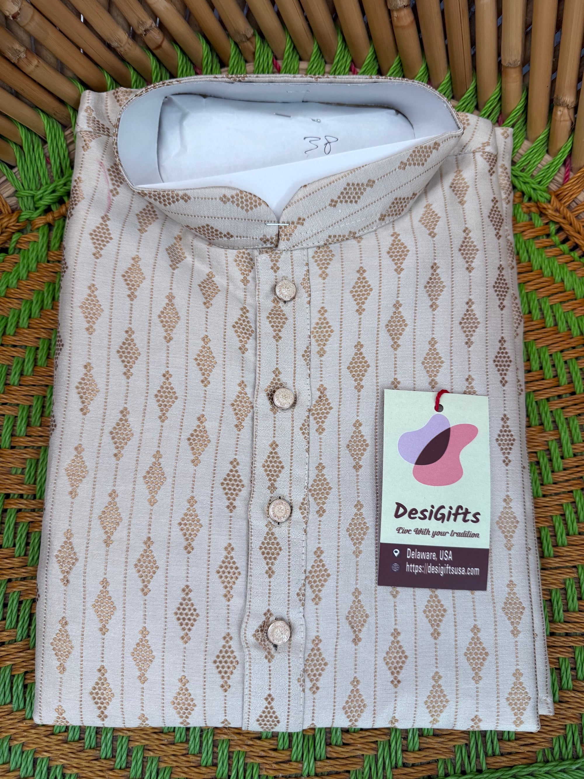 Light Beige with Golden Buty 2 Piece Jacquard Silk Kurta Pajama Set, Festive Kurta Pant Style Pajama, Man -1963