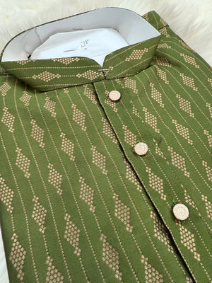 Grass Green Shade with Golden Buty 2 Piece Jacquard Silk Kurta Pajama Set, Festive Kurta Pant Style Pajama, Man -1965
