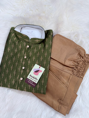 Grass Green Shade with Golden Buty 2 Piece Jacquard Silk Kurta Pajama Set, Festive Kurta Pant Style Pajama, Man -1965