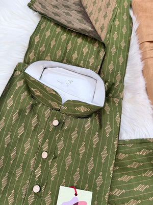 Grass Green Shade with Golden Buty 2 Piece Jacquard Silk Kurta Pajama Set, Festive Kurta Pant Style Pajama, Man -1965
