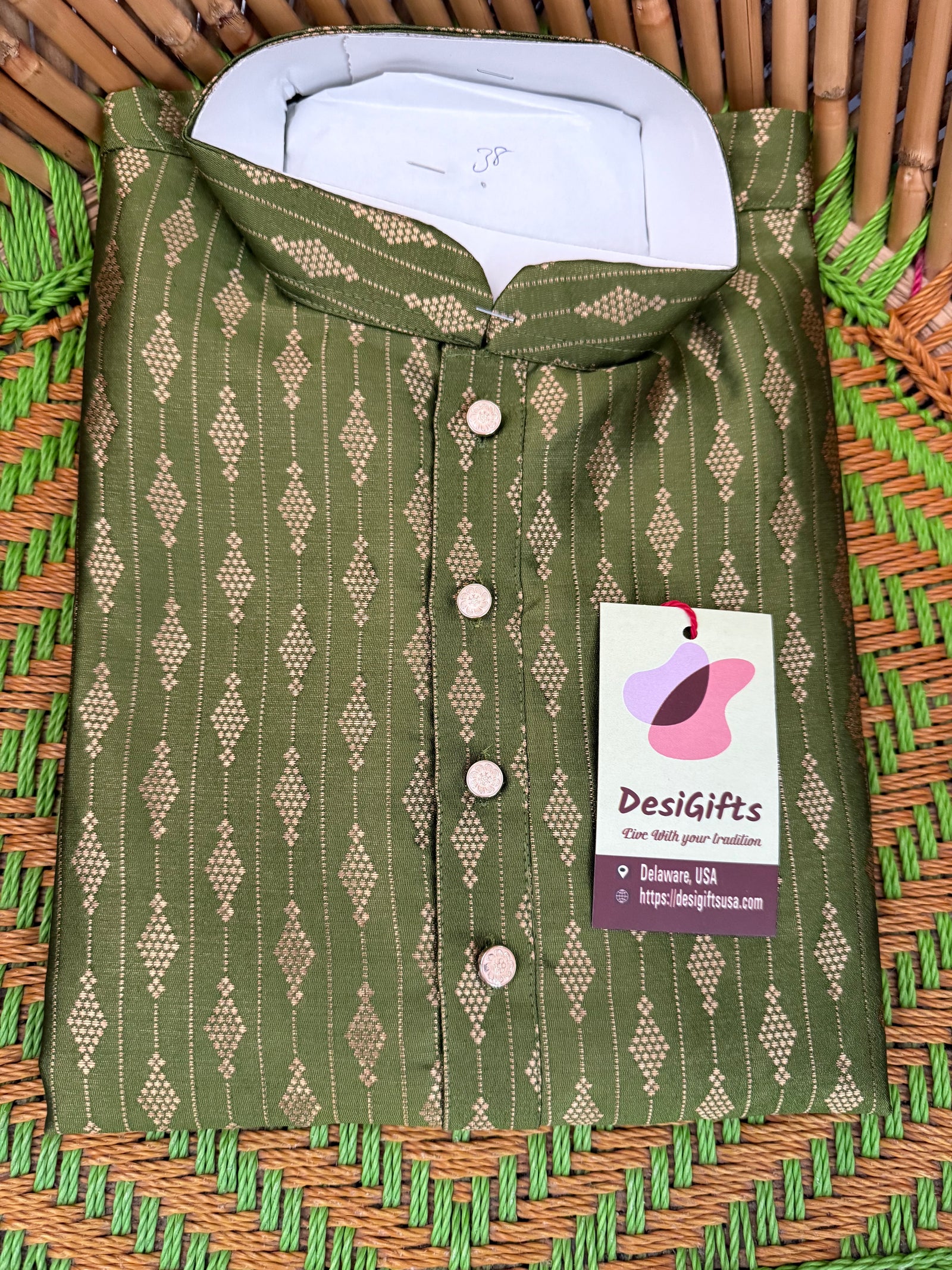 Grass Green Shade with Golden Buty 2 Piece Jacquard Silk Kurta Pajama Set, Festive Kurta Pant Style Pajama, Man -1965