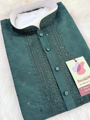 Ethnic Kurta Pajama Set with Classic embroidery on Neck and Front Side, Festival Kurta Pant style Pajama set for Man, KP - 1961