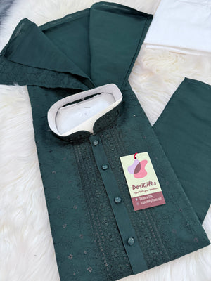 Ethnic Kurta Pajama Set with Classic embroidery on Neck and Front Side, Festival Kurta Pant style Pajama set for Man, KP - 1961