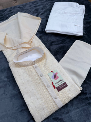 Ethnic Kurta Pajama Set with classic embroidery on Neck and Front Side, Festival Kurta Pant style Pajama set for Man, KP - 1960