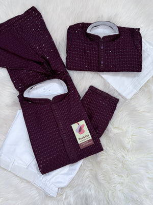 Chikankari Rayon with Sequins  2 Piece Kurta Pajama Set, Father & Son's Outfit, Plum Purple Shade,DM -1966