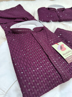 Chikankari Rayon with Sequins  2 Piece Kurta Pajama Set, Father & Son's Outfit, Plum Purple Shade,DM -1966