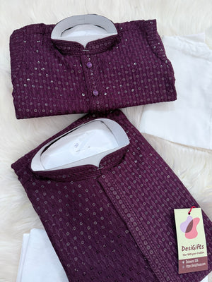 Chikankari Rayon with Sequins  2 Piece Kurta Pajama Set, Father & Son's Outfit, Plum Purple Shade,DM -1966