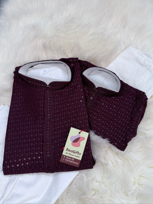 Chikankari Rayon with Sequins  2 Piece Kurta Pajama Set, Father & Son's Outfit, Plum Purple Shade,DM -1966