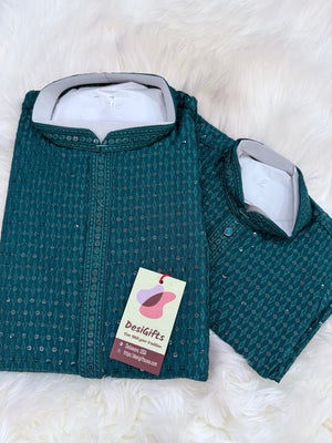 Chikankari Rayon with Sequins  2 Piece Kurta Pajama Set, Father & Son's Outfit, Teal Blue Shade, DM -1967