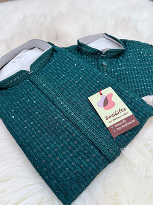 Chikankari Rayon with Sequins  2 Piece Kurta Pajama Set, Father & Son's Outfit, Teal Blue Shade, DM -1967