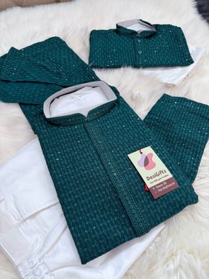 Chikankari Rayon with Sequins  2 Piece Kurta Pajama Set, Father & Son's Outfit, Teal Blue Shade, DM -1967