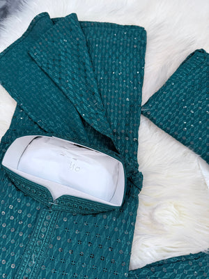 Chikankari Rayon with Sequins  2 Piece Kurta Pajama Set, Father & Son's Outfit, Teal Blue Shade, DM -1967